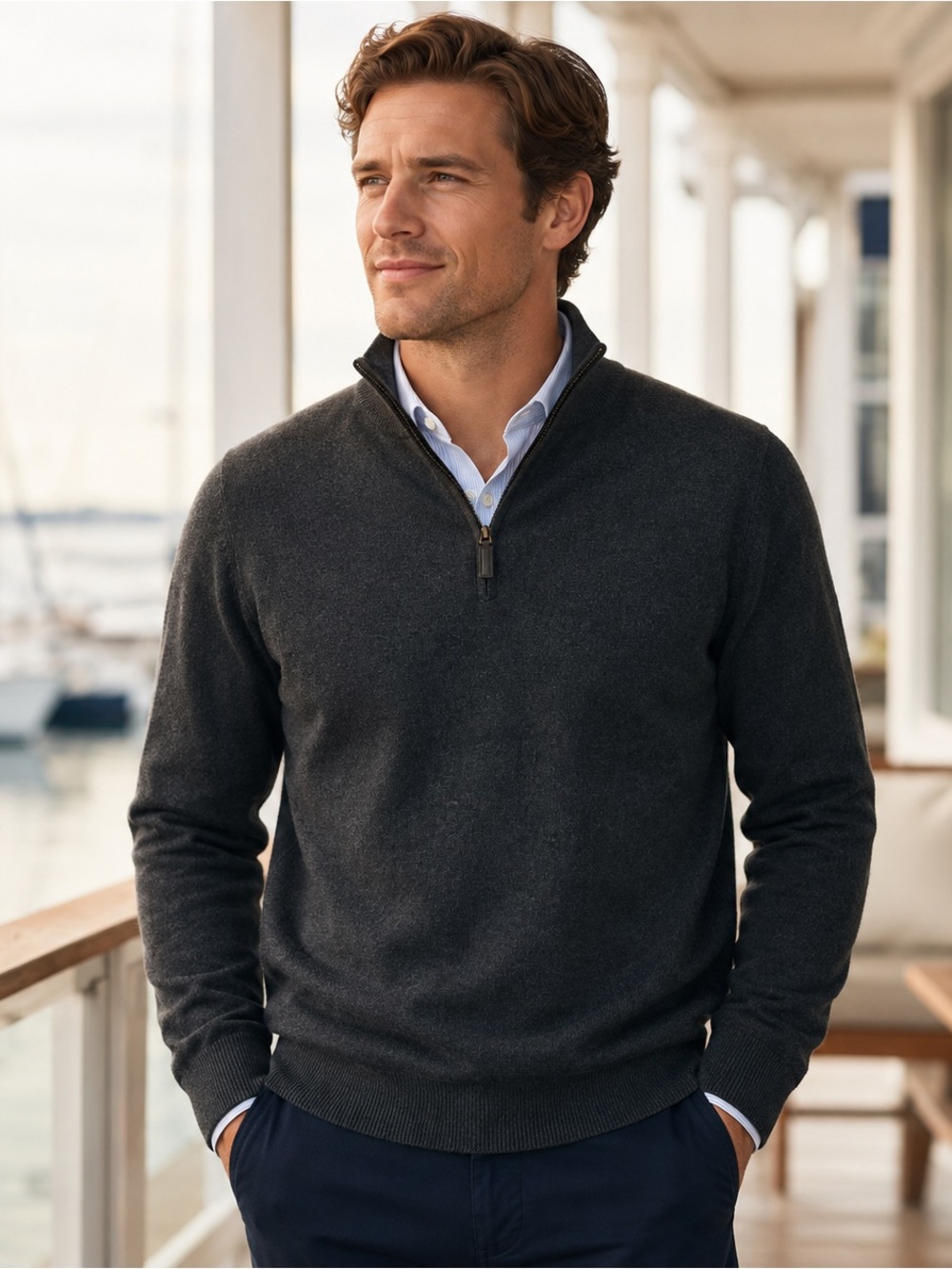 Royal Vancouver Yacht Club Men’s XL 100% Cashmere Quarter Zip Sweater Gray